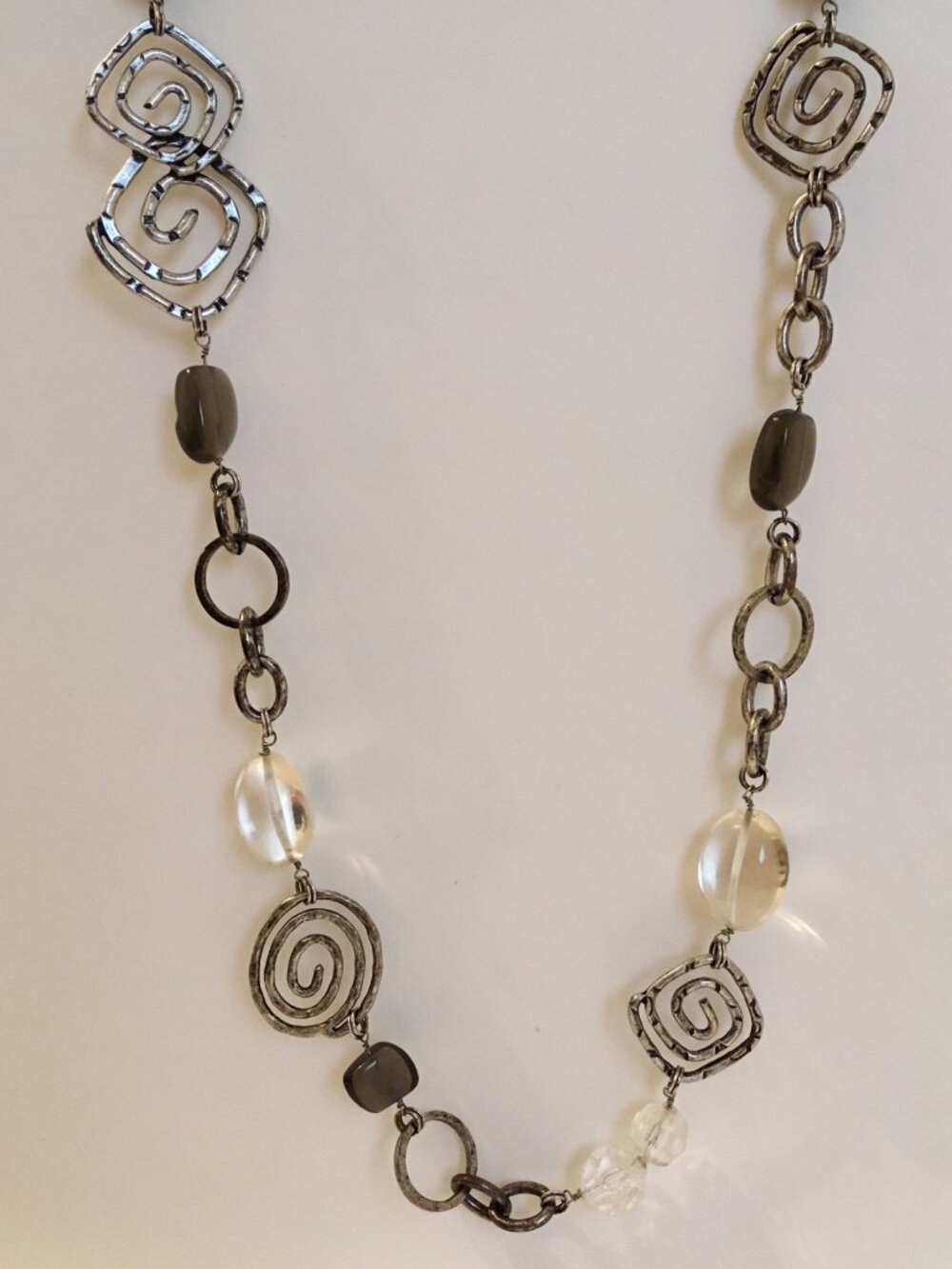 Swirl Metal Necklace Clear Smoke Beads Antique Silver Square Round Scroll Chain